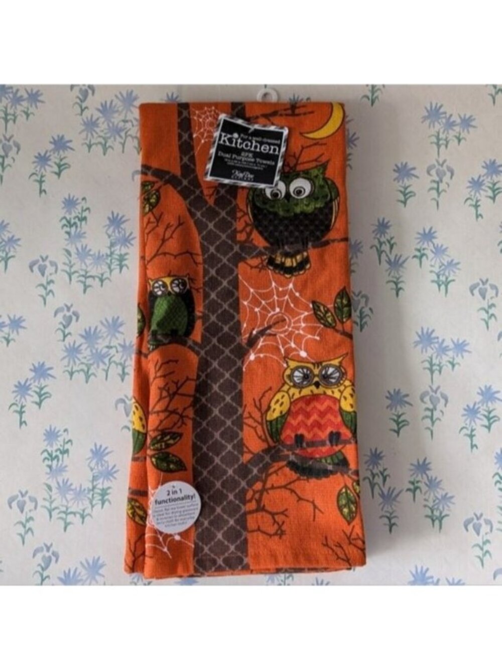 Kay Dee Retro Halloween Owl Kitchen Towels NEW Orange Green Autumn 18" x 28"